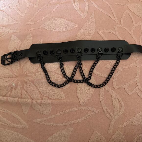 Unique Style Code Jewelry - Black Leather Choker Collar with Chains and Spikes